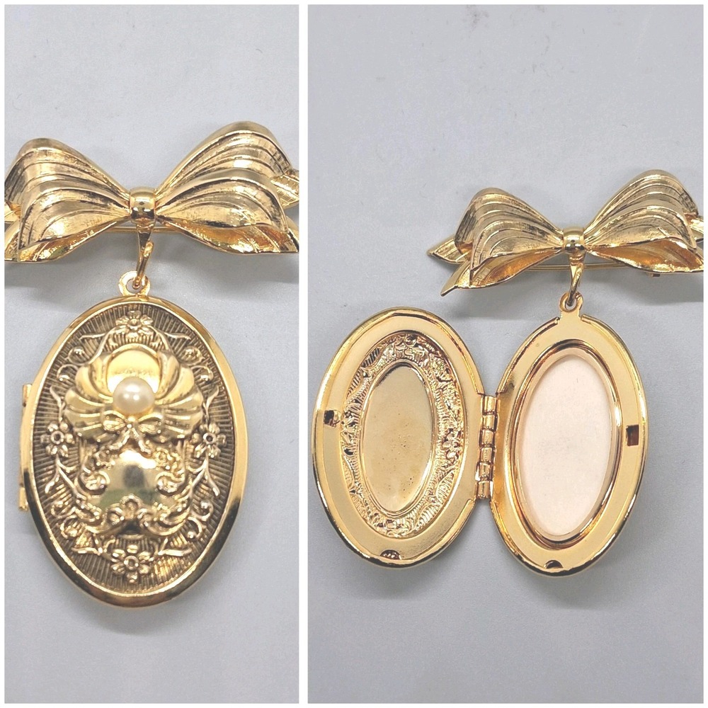 Vintage Victorian Style Gold Tone Bar Brooch Pin Dangling Angel Oval Locket